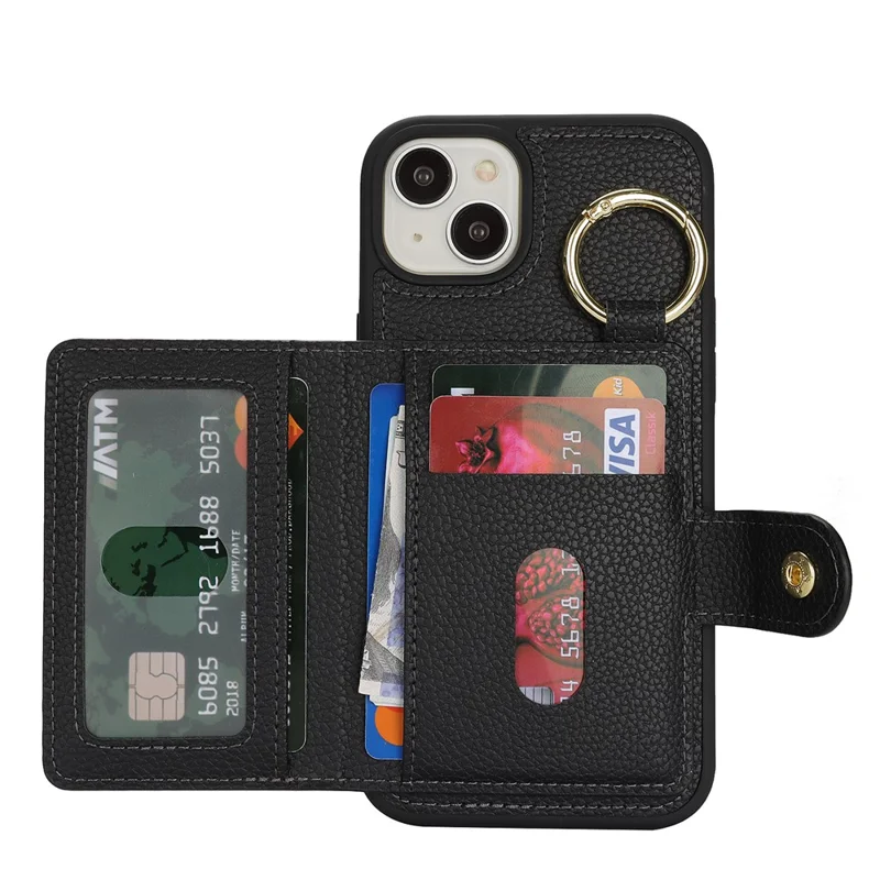 Étui pour iPhone 15 Plus / 14 Plus, Texture Litchi en Cuir PU + Support TPU avec Emplacement pour Carte - Noir
