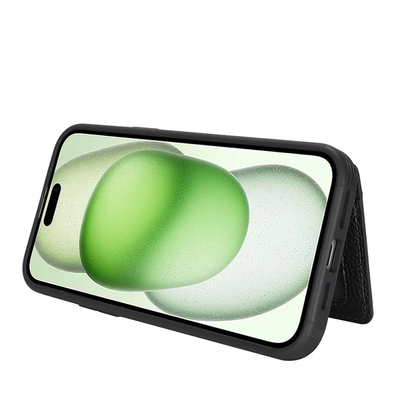 Étui pour iPhone 15 Plus / 14 Plus, Texture Litchi en Cuir PU + Support TPU avec Emplacement pour Carte - Noir