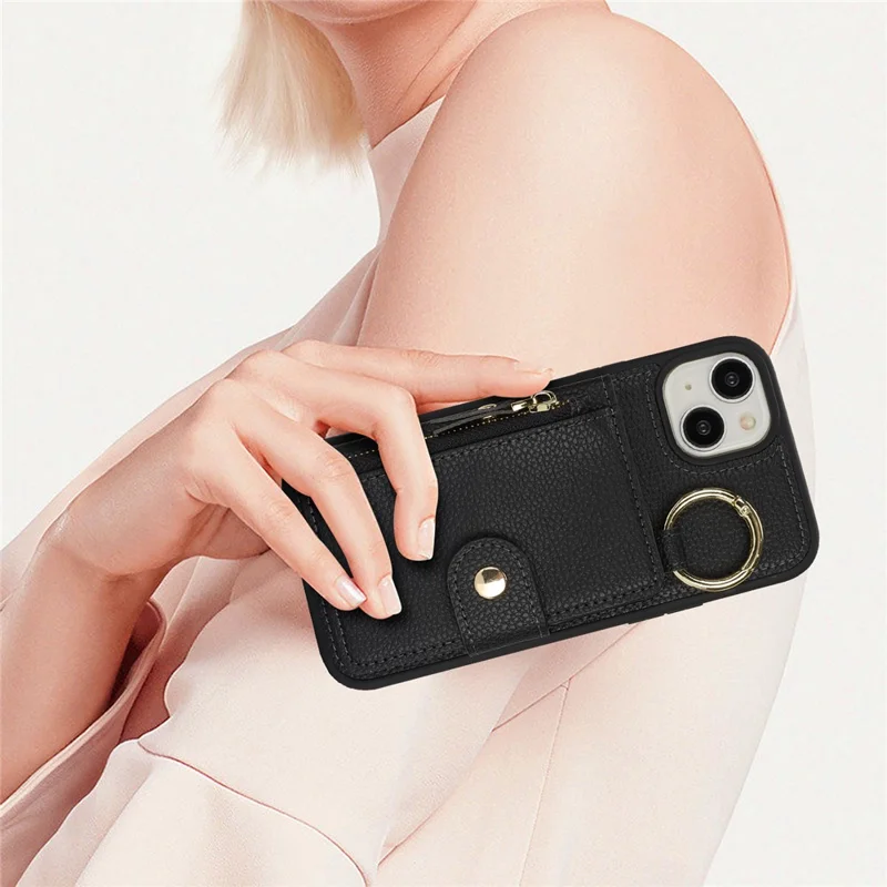 Étui pour iPhone 15 Plus / 14 Plus, Texture Litchi en Cuir PU + Support TPU avec Emplacement pour Carte - Noir