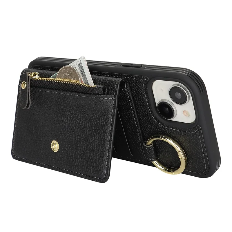 For iPhone 15 Case Litchi Textured PU Leather + TPU Kickstand Phone Cover with Card Slot - Black