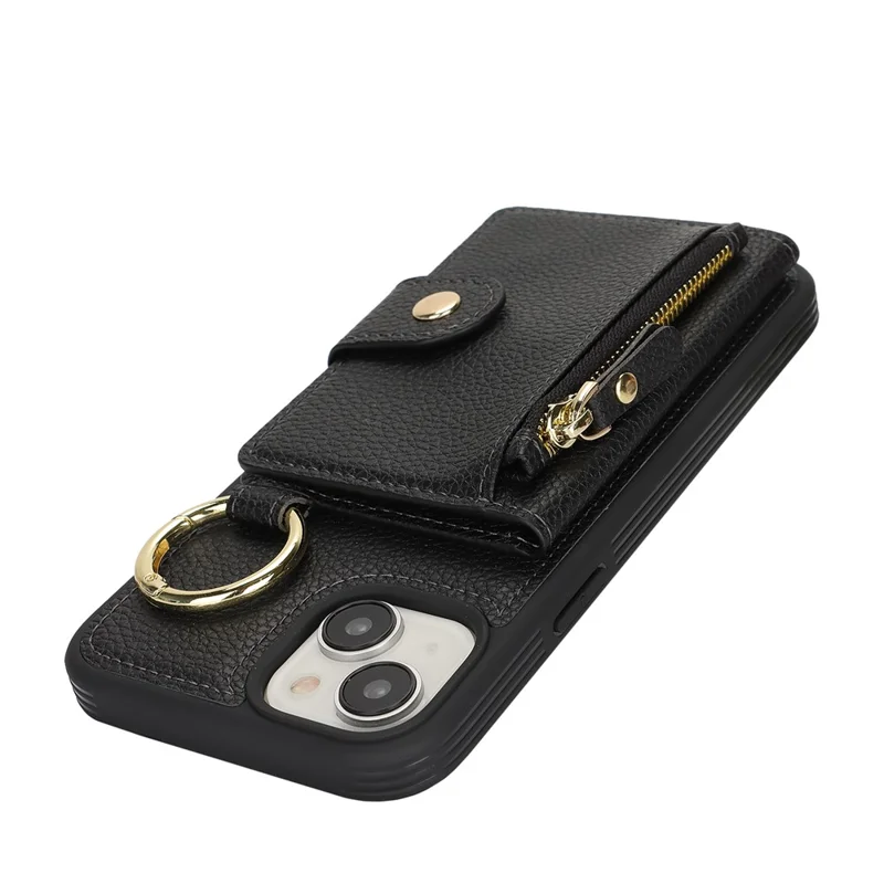 For iPhone 15 Case Litchi Textured PU Leather + TPU Kickstand Phone Cover with Card Slot - Black