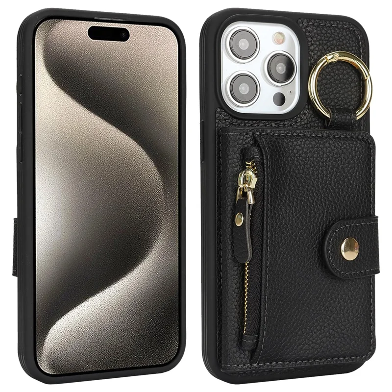 For iPhone 15 Pro Max Case Litchi Textured PU Leather + TPU Kickstand Phone Cover with Card Slot - Black