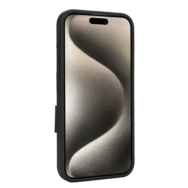 For iPhone 15 Pro Max Case Litchi Textured PU Leather + TPU Kickstand Phone Cover with Card Slot - Black