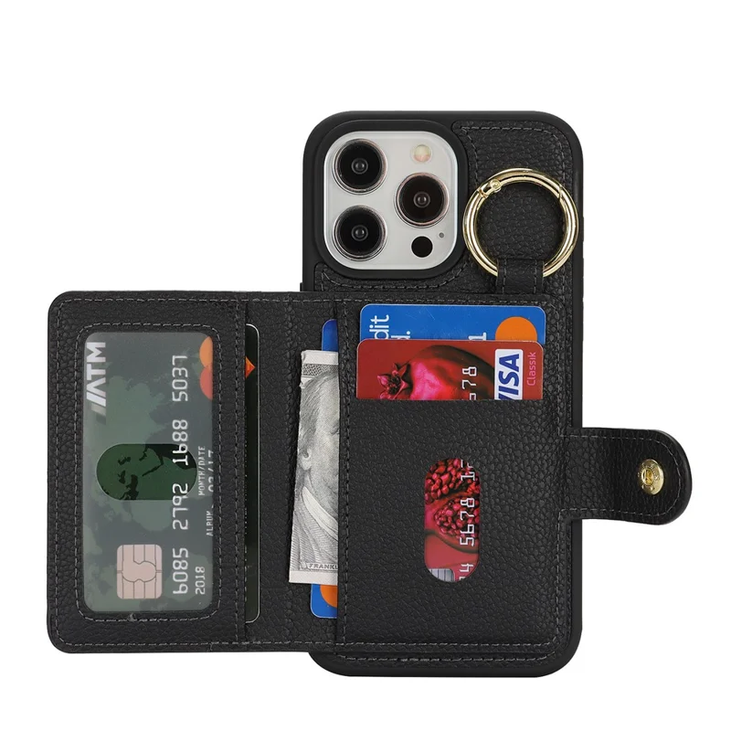 For iPhone 15 Pro Max Case Litchi Textured PU Leather + TPU Kickstand Phone Cover with Card Slot - Black