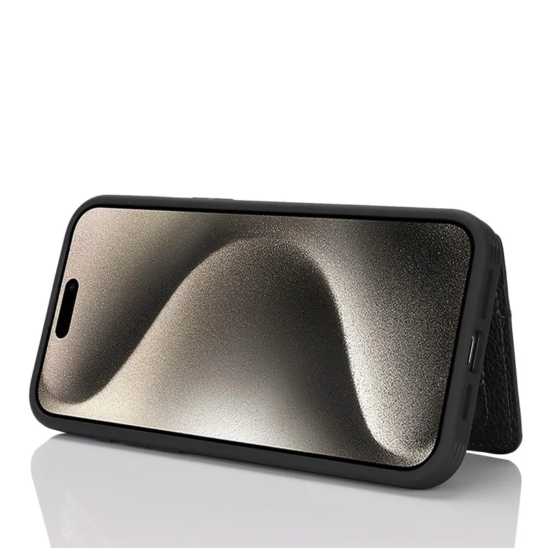 For iPhone 15 Pro Max Case Litchi Textured PU Leather + TPU Kickstand Phone Cover with Card Slot - Black