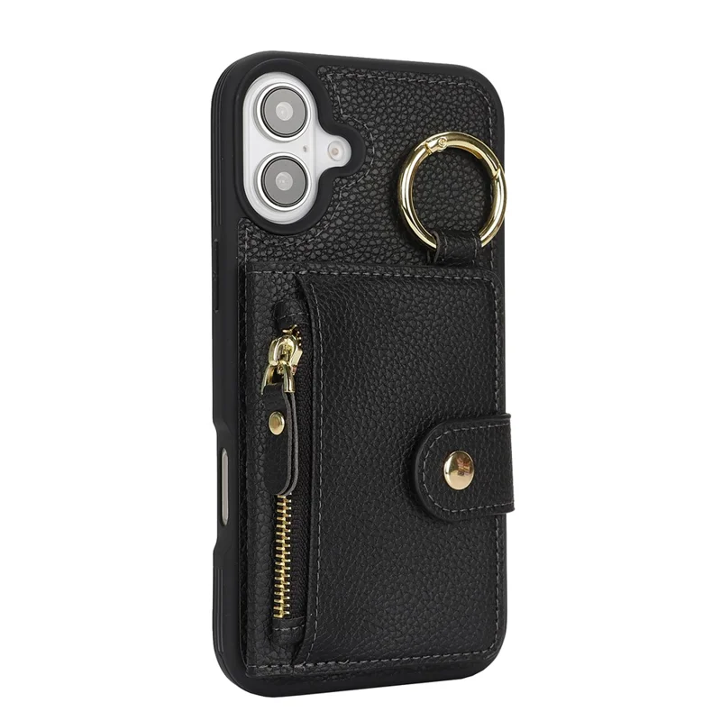Чехол для iPhone 16 Plus с текстурой личи из искусственной кожи + TPU-подставка для телефона с отделением для карты - Черный