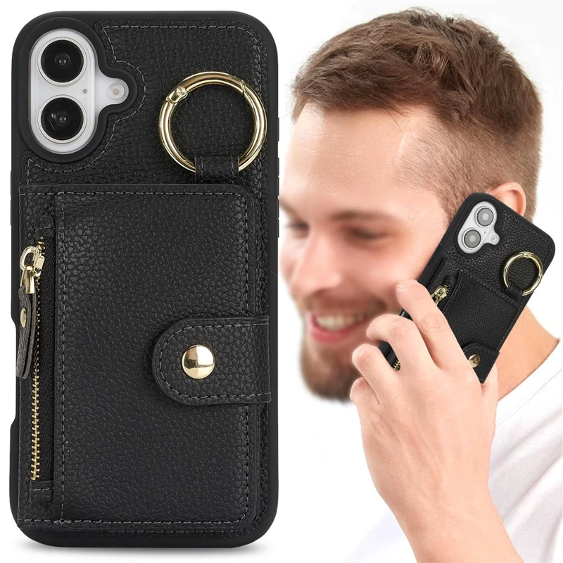 Чехол для iPhone 16 Plus с текстурой личи из искусственной кожи + TPU-подставка для телефона с отделением для карты - Черный