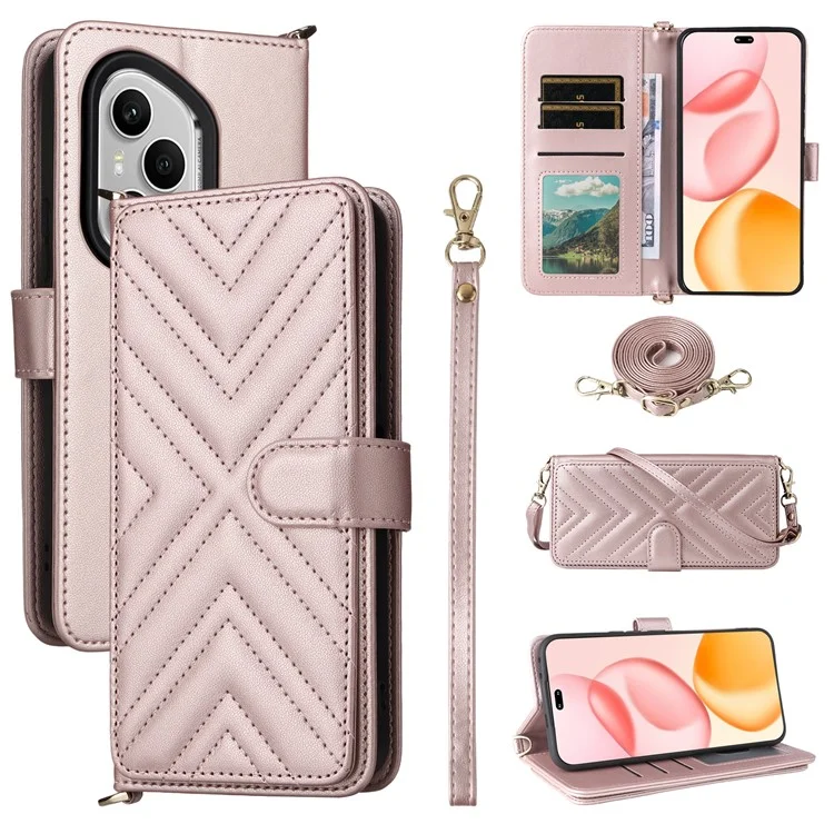 For Honor 400 Pro 5G (Global) Case with Shoulder / Wrist Strap Leather Phone Cover Stand Wallet - Pink