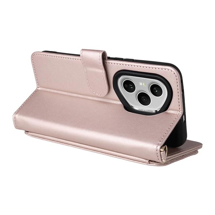 For Honor 400 Pro 5G (Global) Case with Shoulder / Wrist Strap Leather Phone Cover Stand Wallet - Pink