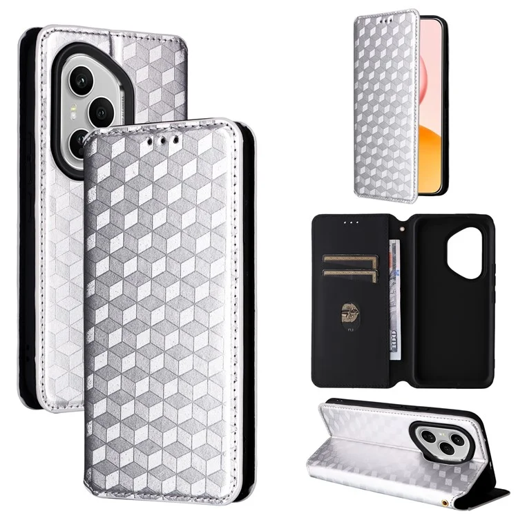 For Honor 400 Pro 5G (Global) Case Wallet Rhombus Imprinted Leather Phone Cover - Silver