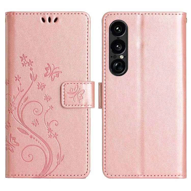 For Sony Xperia 1 VII Leather Wallet Case Butterfly Flower Imprinted Phone Cover with Strap - Rose Gold