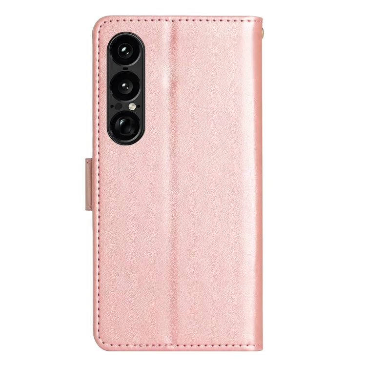For Sony Xperia 1 VII Leather Wallet Case Butterfly Flower Imprinted Phone Cover with Strap - Rose Gold