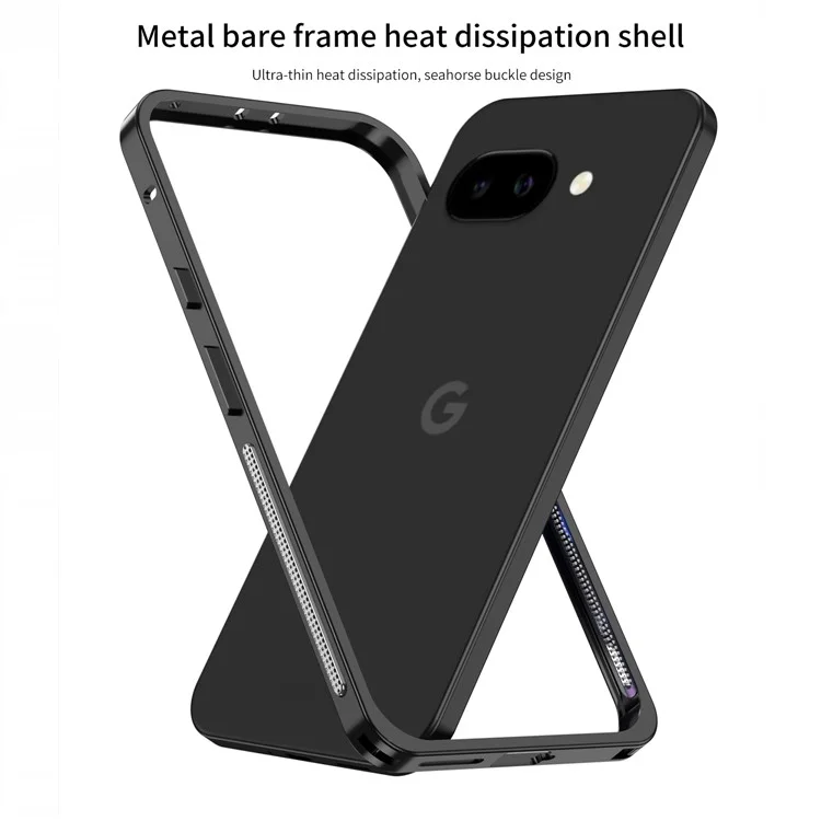 For Google Pixel 9a Bumper Cases Metal Frame Heat Dissipation Cover with Lens Protector - Black