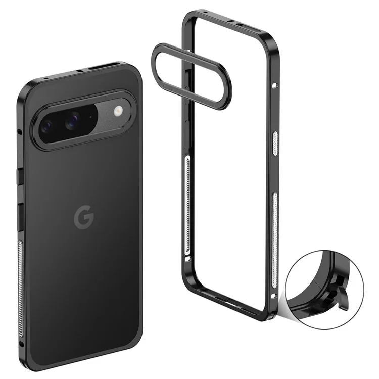 For Google Pixel 9 / 9 Pro Bumper Cases Metal Frame Heat Dissipation Cover with Lens Protector - Black