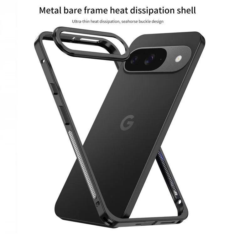 For Google Pixel 9 / 9 Pro Bumper Cases Metal Frame Heat Dissipation Cover with Lens Protector - Black