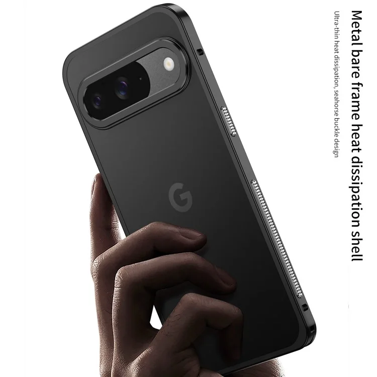 For Google Pixel 9 / 9 Pro Bumper Cases Metal Frame Heat Dissipation Cover with Lens Protector - Black