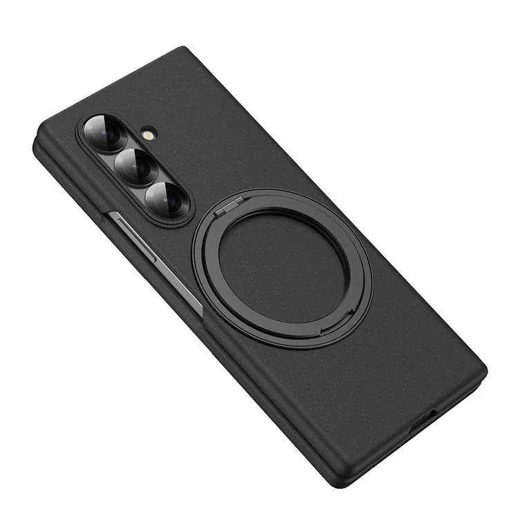 For Samsung Galaxy Z Fold7 5G Magnetic Case Ring Kickstand Hard PC Cover with Tempered Glass Screen Film - Black
