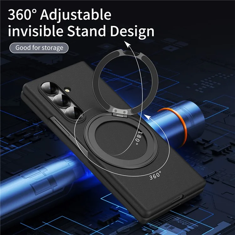 For Samsung Galaxy Z Fold7 5G Magnetic Case Ring Kickstand Hard PC Cover with Tempered Glass Screen Film - Black