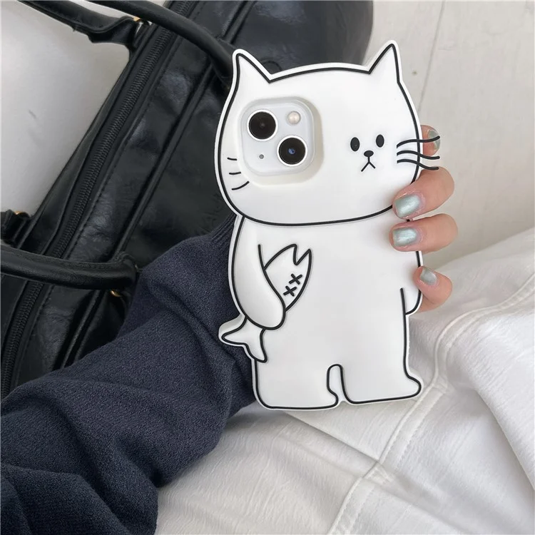 For iPhone 15 Silicone Case Cute White Cat Design Shockproof Phone Back Cover