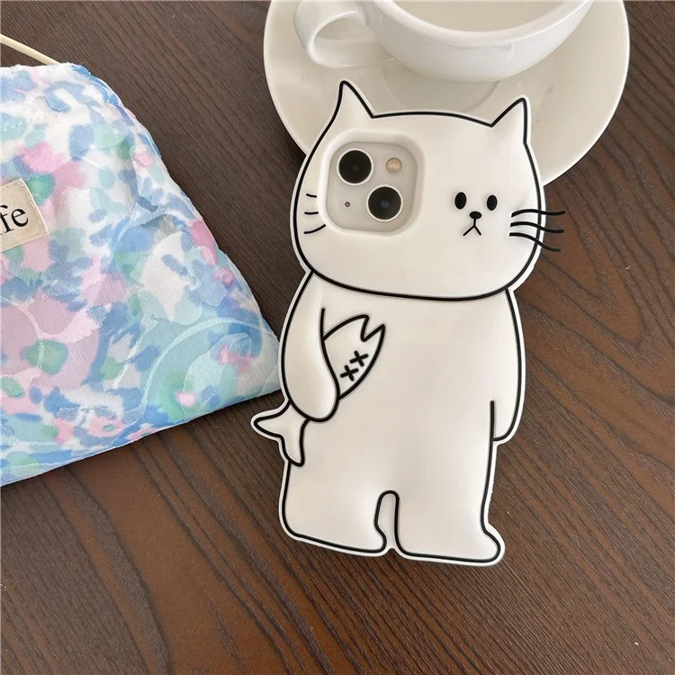For iPhone 15 Silicone Case Cute White Cat Design Shockproof Phone Back Cover