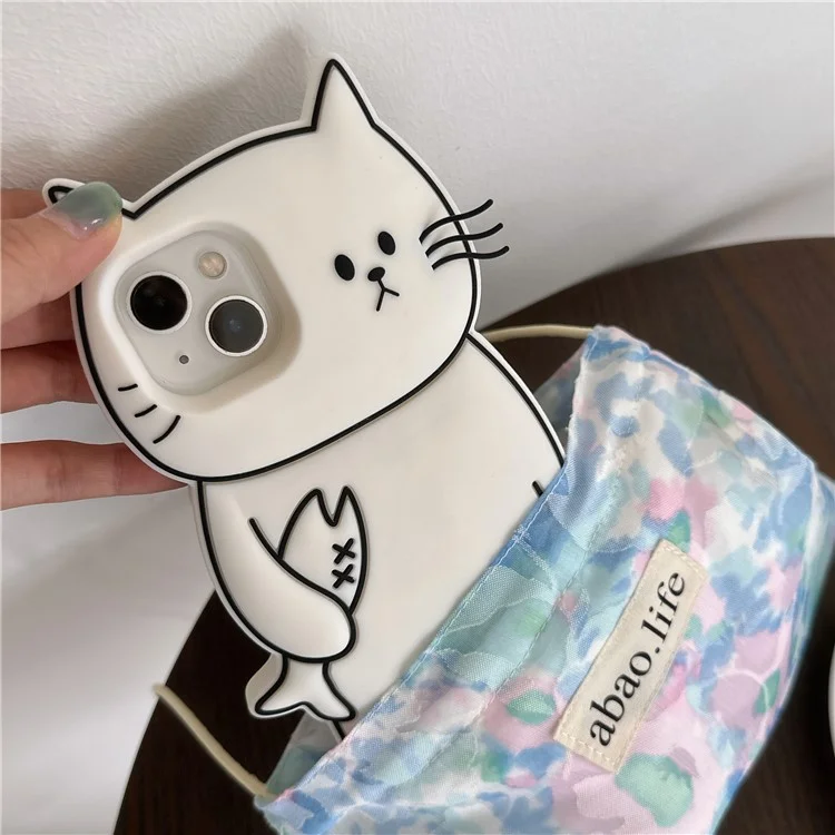 For iPhone 15 Silicone Case Cute White Cat Design Shockproof Phone Back Cover
