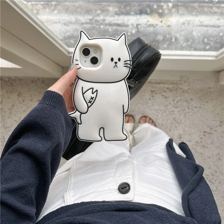 For iPhone 15 Silicone Case Cute White Cat Design Shockproof Phone Back Cover