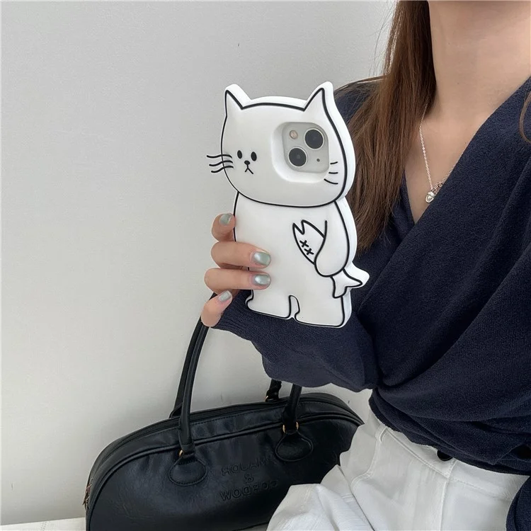 For iPhone 15 Silicone Case Cute White Cat Design Shockproof Phone Back Cover