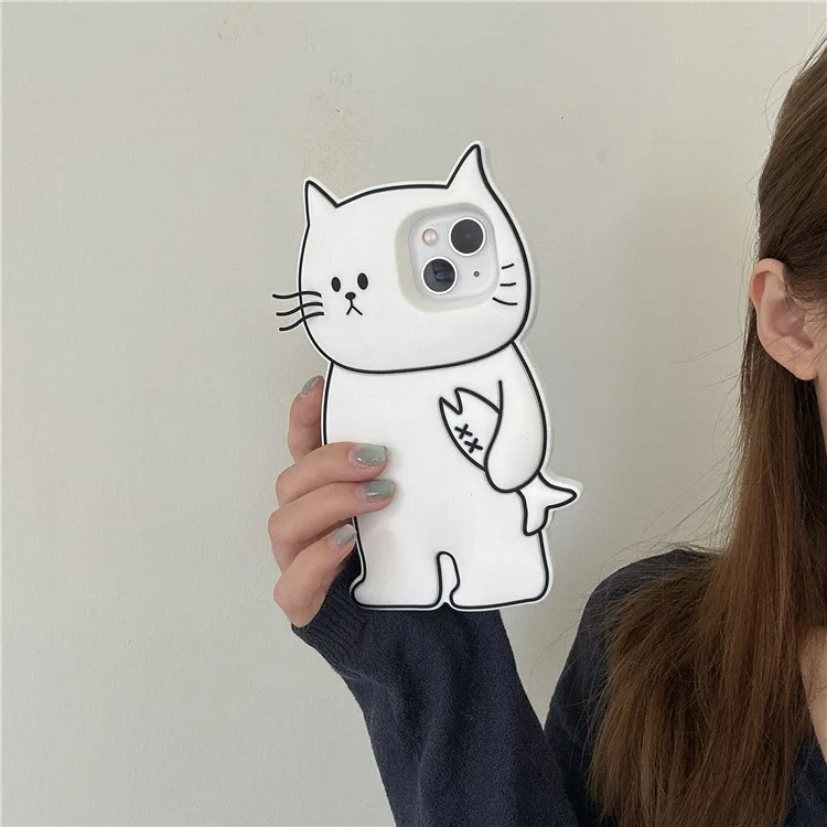 For iPhone 15 Silicone Case Cute White Cat Design Shockproof Phone Back Cover