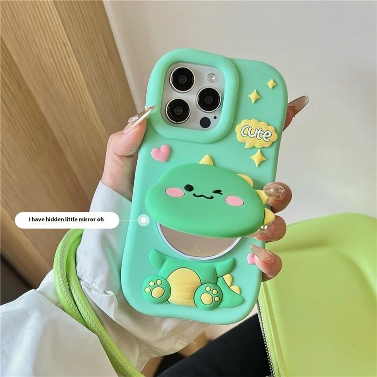 For iPhone 15 Pro Max Silicone Case Cute Dinosaur Mirror Design Shockproof Phone Back Cover