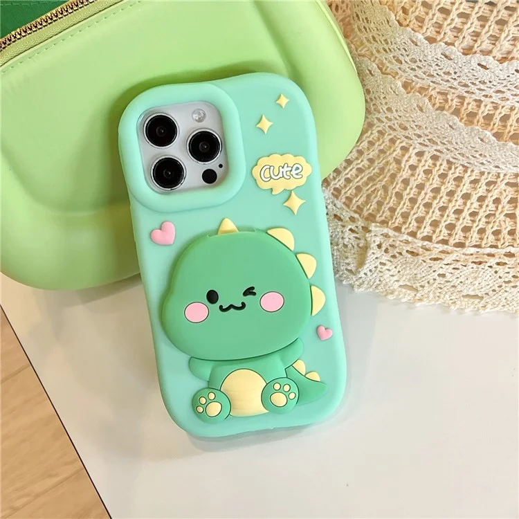 For iPhone 15 Pro Max Silicone Case Cute Dinosaur Mirror Design Shockproof Phone Back Cover