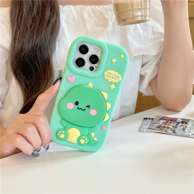 For iPhone 15 Pro Max Silicone Case Cute Dinosaur Mirror Design Shockproof Phone Back Cover