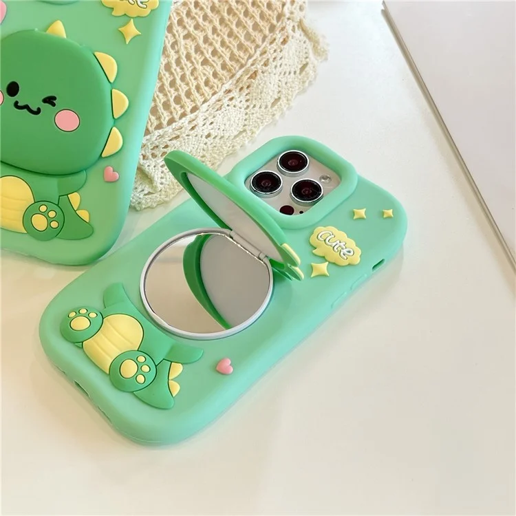 For iPhone 15 Pro Silicone Case Cute Dinosaur Mirror Design Shockproof Phone Back Cover