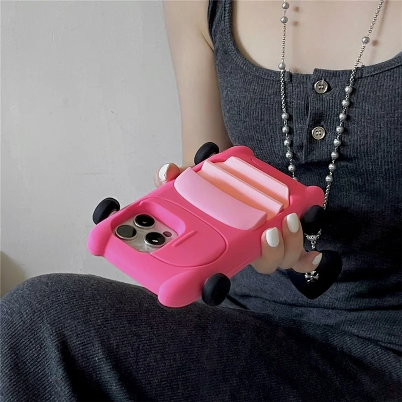 For iPhone 16 Pro Silicone Case Cute Sports Car Style Shockproof Phone Cover - Rose