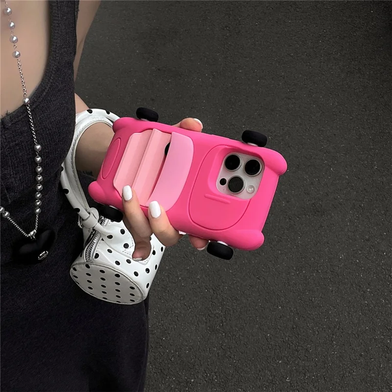 For iPhone 16 Pro Silicone Case Cute Sports Car Style Shockproof Phone Cover - Rose