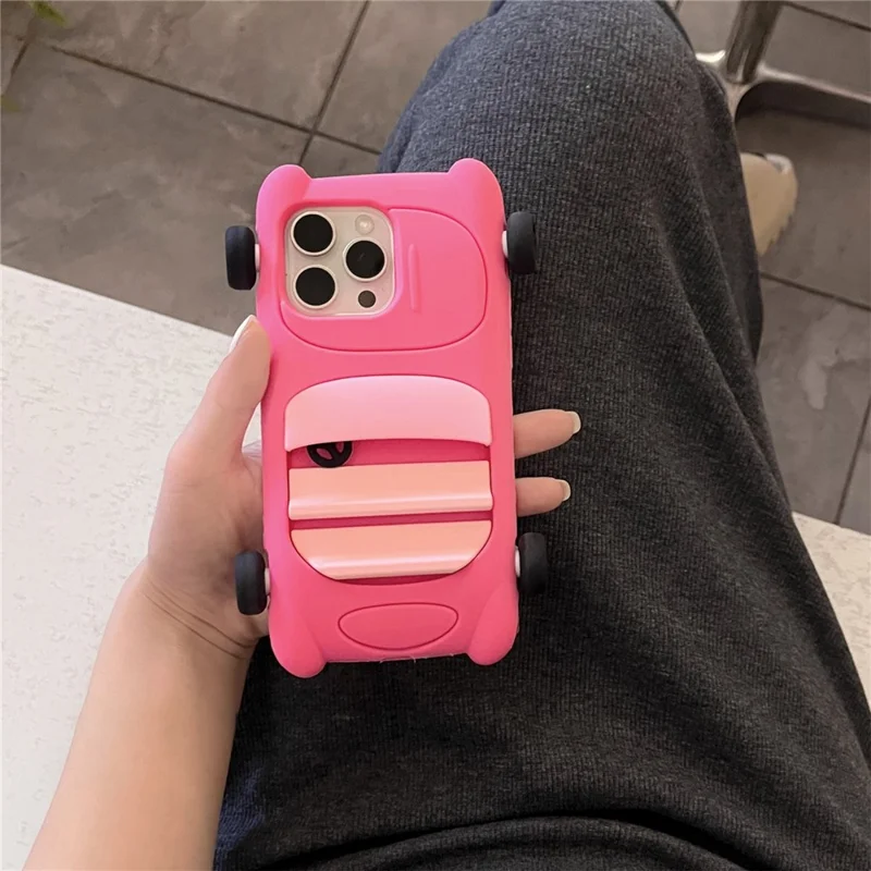 For iPhone 16 Pro Silicone Case Cute Sports Car Style Shockproof Phone Cover - Rose
