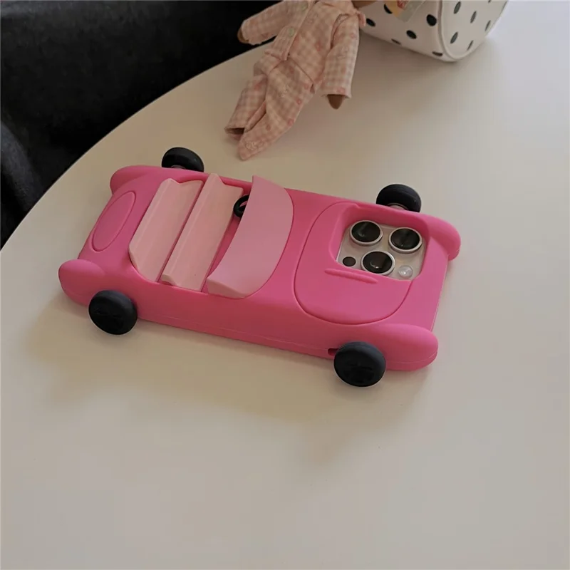 For iPhone 16 Pro Silicone Case Cute Sports Car Style Shockproof Phone Cover - Rose