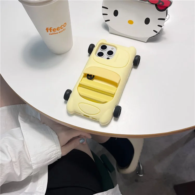 Étui en silicone pour iPhone 15 Pro - Style voiture de sport mignon, Housse de protection antichoc - Jaune