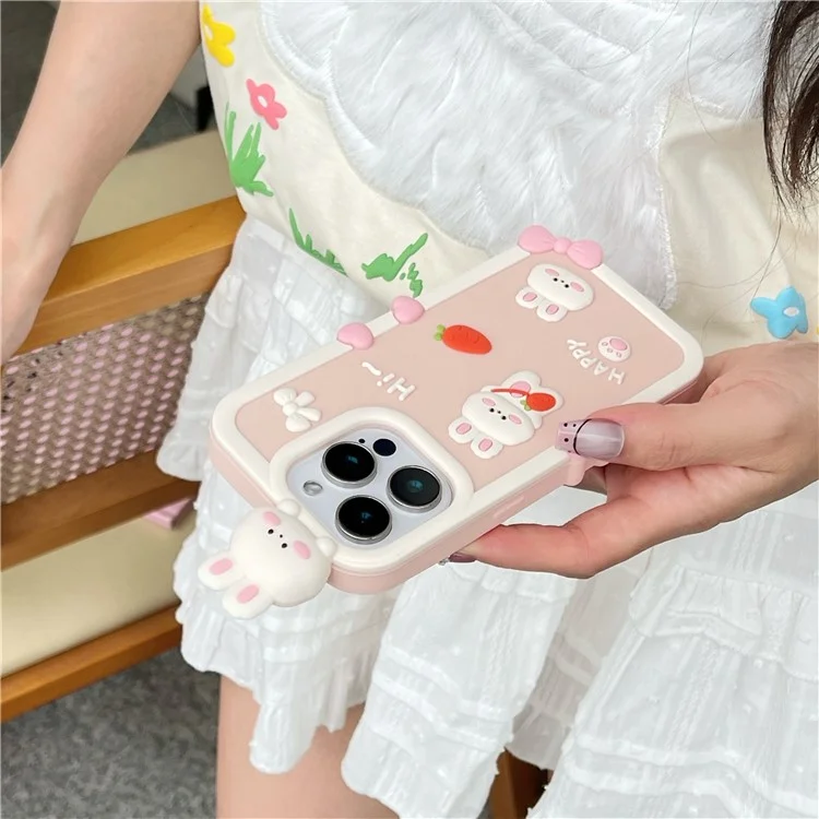 For iPhone 16 Pro Silicone Case Cute 3D Cartoon Carrot Rabbit Design Shockproof Phone Back Cover