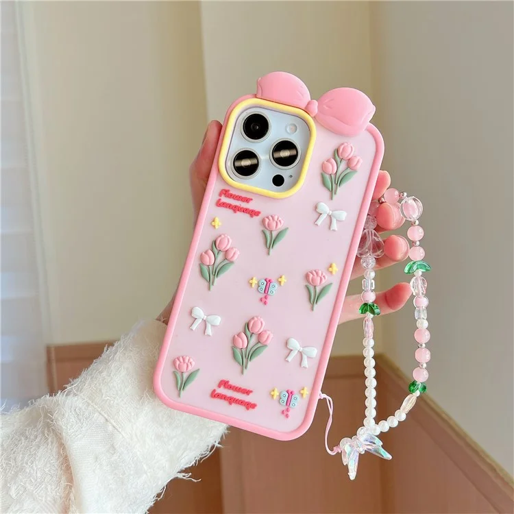 For iPhone 16 Pro Silicone Case Cute 3D Tulip Design Shockproof Phone Back Cover with Lanyard