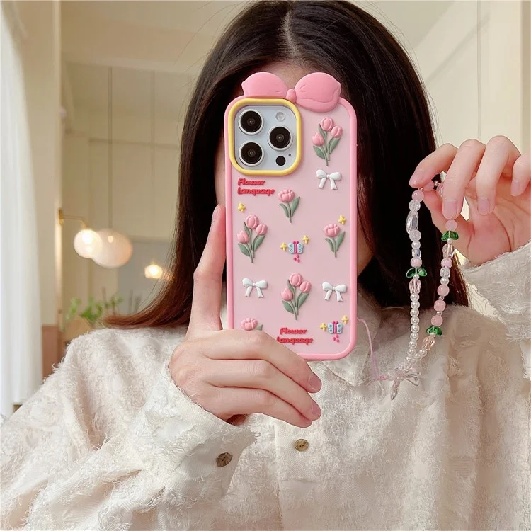 For iPhone 16 Pro Silicone Case Cute 3D Tulip Design Shockproof Phone Back Cover with Lanyard
