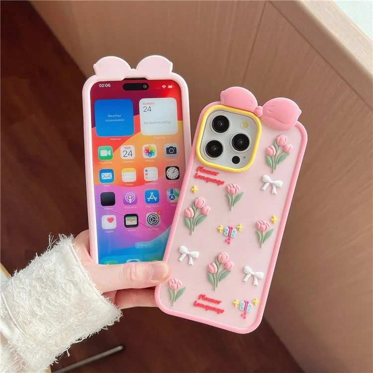 For iPhone 16 Pro Silicone Case Cute 3D Tulip Design Shockproof Phone Back Cover with Lanyard