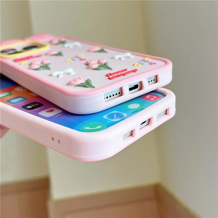 For iPhone 16 Pro Silicone Case Cute 3D Tulip Design Shockproof Phone Back Cover with Lanyard