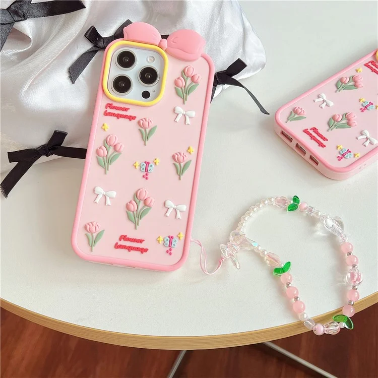 For iPhone 16 Pro Silicone Case Cute 3D Tulip Design Shockproof Phone Back Cover with Lanyard