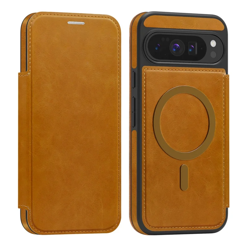 For Google Pixel 10 Pro XL Case Compatible with MagSafe RFID Blocking Card Holder Leather Phone Cover - Brown