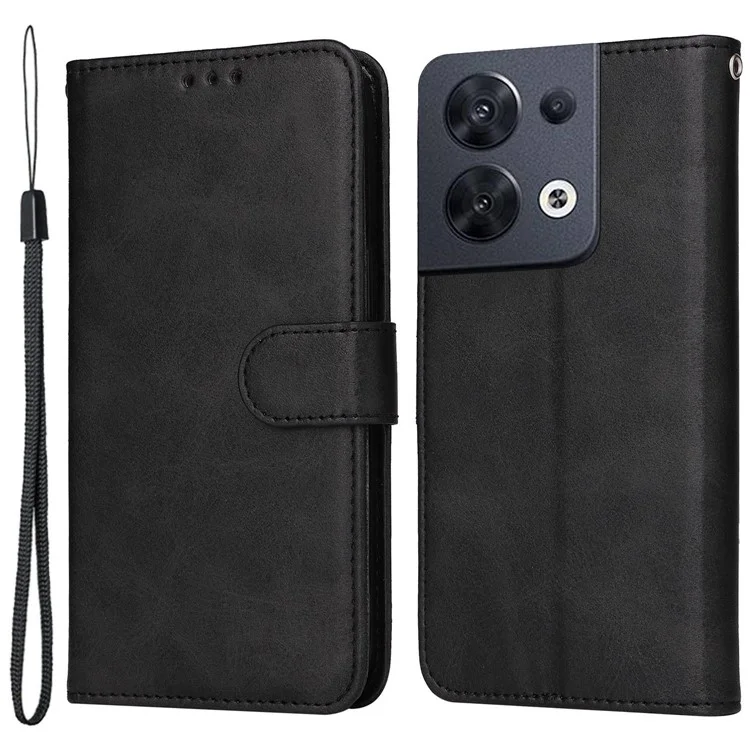 Per Oppo Reno8 5G (Versione Globale) / Reno8 5G Stand Wallet Custodia Antiurto per Telefono in Pelle PU Texture Vitello + Copertura TPU con Cinturino da Polso - Nero