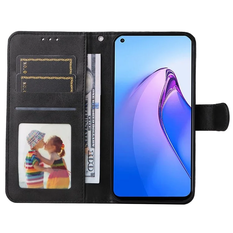 Per Oppo Reno8 5G (Versione Globale) / Reno8 5G Stand Wallet Custodia Antiurto per Telefono in Pelle PU Texture Vitello + Copertura TPU con Cinturino da Polso - Nero