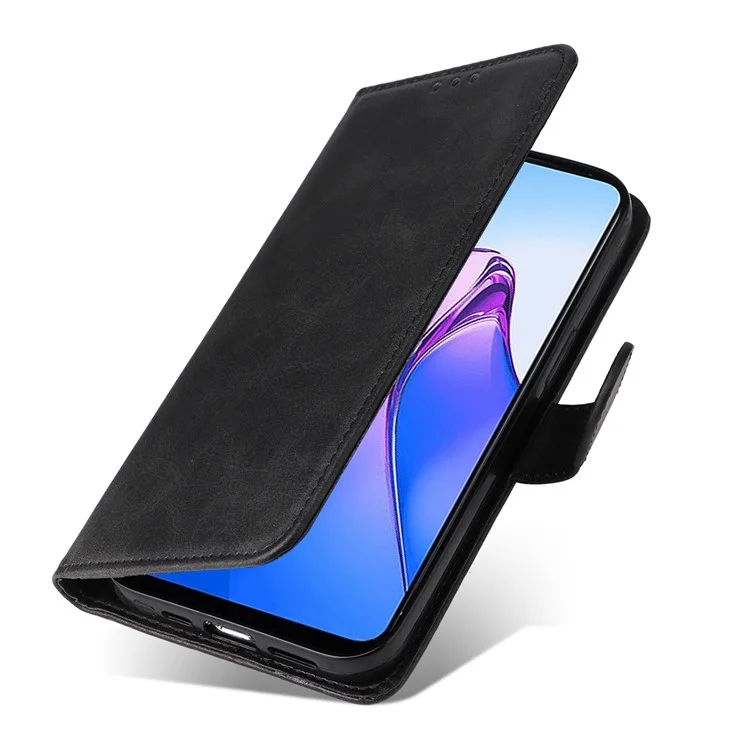 Per Oppo Reno8 5G (Versione Globale) / Reno8 5G Stand Wallet Custodia Antiurto per Telefono in Pelle PU Texture Vitello + Copertura TPU con Cinturino da Polso - Nero