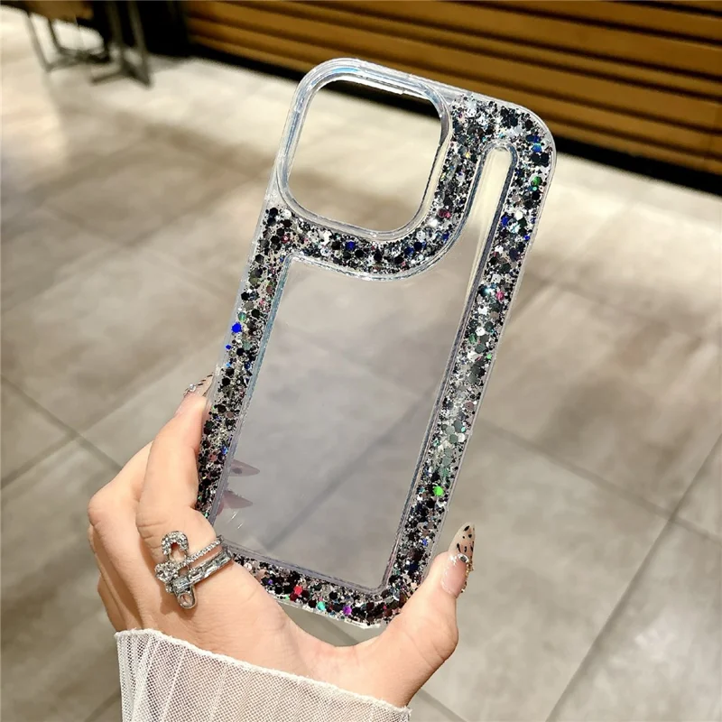 For iPhone 16 Pro Max Case Glitter Rhinestone Epoxy Design TPU Shockproof Phone Cover - Black