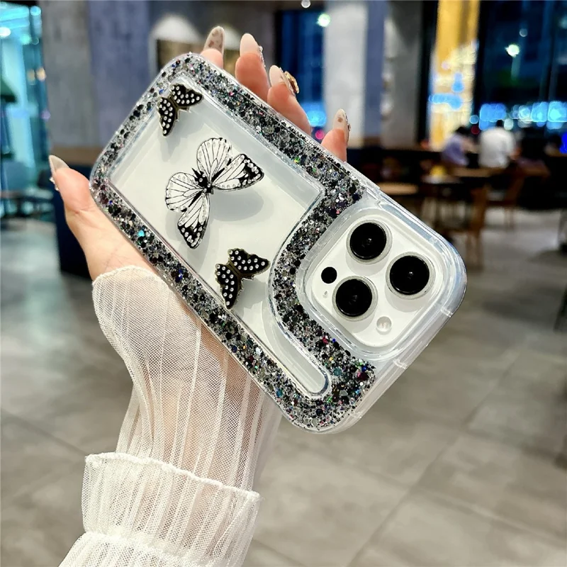 For iPhone 16 Pro Max Case with 3 Butterflies Decor Glitter Rhinestone Epoxy Design TPU Phone Cover - Black