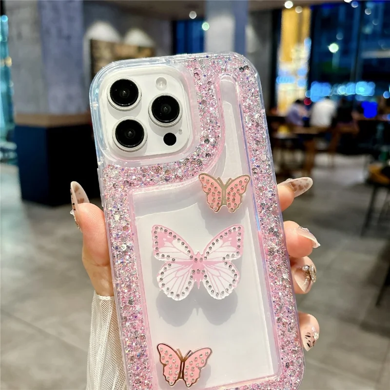For iPhone 16 Pro Max Case with 3 Butterflies Decor Glitter Rhinestone Epoxy Design TPU Phone Cover - Black